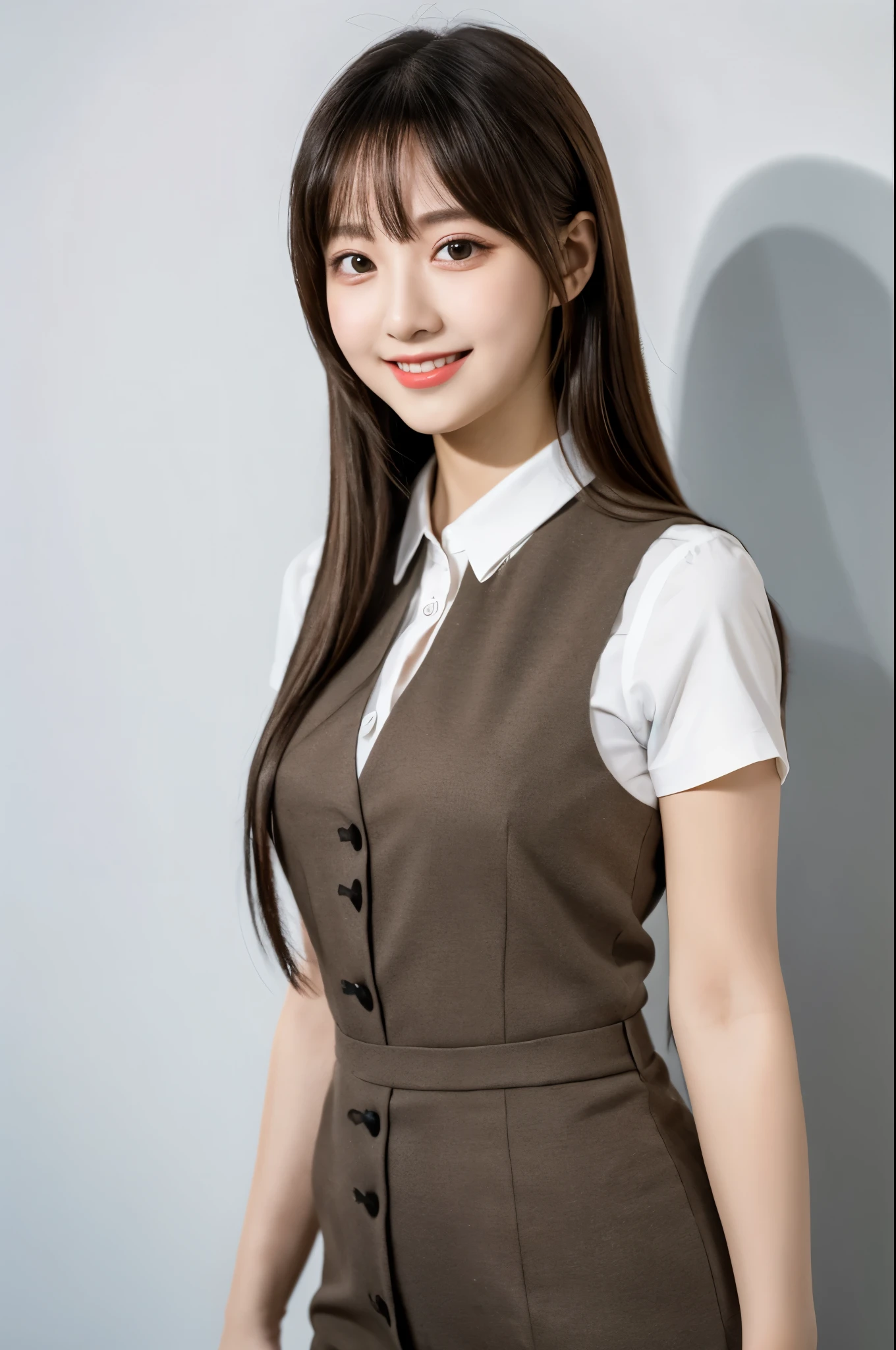 Ulchan-6500-v1.1, (RAW photo:1.2), (Photoreal), beautiful detailed girl, (genuine: 1.4), very detailed目と顔, beautiful and detailed eyes, Mr.々patterned vest、((Are standing:1.3))、(super realistic pantyhose:1.2), (high heels)、(Business service)、(very affectionate smile:1.2)、huge file size, High resolution, very detailed, highest quality, [masterpiece:1.6], enlightenment, very detailed, finely, highest quality, 8k wallpaper, movie lighting, 1 girl, 26 years old, perfect body shape, cute droopy eyes、beautiful big eyes、highest quality, 1 girl, eye shadow, Upper body, portrait, ((full body shot:1.3))、