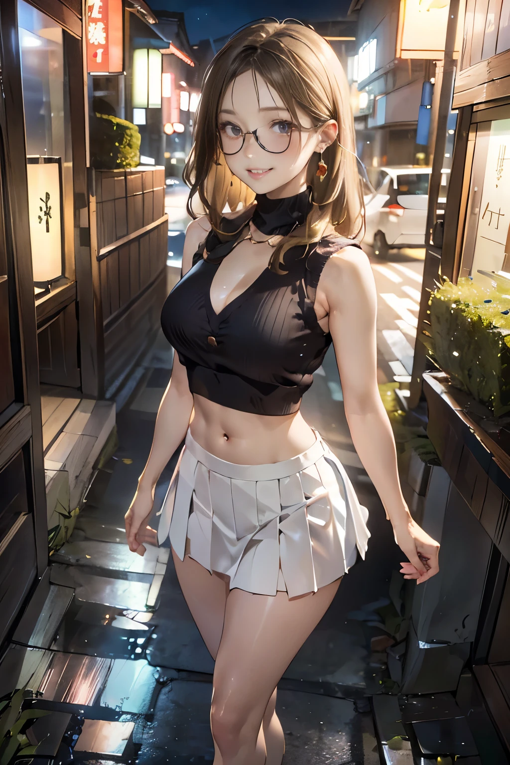 a 20 yo woman、Brown hair、Bery short hair、Big smile、Purple long dress(hi-top fade:1.3)、dark themed、Muted Tones、Subdued Color、highly contrast、(natural skin textures、Hyper-Realism、Soft light、sharp)、(masterpiece:1.3), high resolution, ultra detailed, extremely detailed CG unity 8k wallpaper, realistic, photo-realistic, RAW photo, beautiful detailed face, pale skin, realistic glistening skin, detailed cloth texture, detailed hair texture, Perfect body, Beautiful Face, accurate, Anatomically correct, Highly detailed face and skin texture, natural neck length, (beautiful hands), (fair skin:1.2), Thin legs, Thin feet,
BREAK,
Detailed eyes, symmetric eyes, Light Brown eyes, Double eyelids, Thin eyebrows, (Glossy lips:1.4), (gently smile:1.2),
BREAK,
(nsfw:1.1), (A Classy and Cute girl:1.3), (1 girl, one girl), ((wearing a Violet sleeveless turtleneck sweater:1.3)), (White pleated mini skirt), (long boots), (wearing glasses:1.1),
(medium large breasts, firm abs), (slender figure firm breasts:1.2), beautiful clavicle,
(blonde hair, wavy hair, long hair:1.2), ((asymmetrical bangs:1.2)),
BREAK,
((Standing by the window with holding a coffee:1.2)), (from side:1.1), (looking sideway at viewer:1.2), ((Focus on face:1.2)),
((In the modern office at Japan at morning:1.2)), (Cowboy shot:1.2),