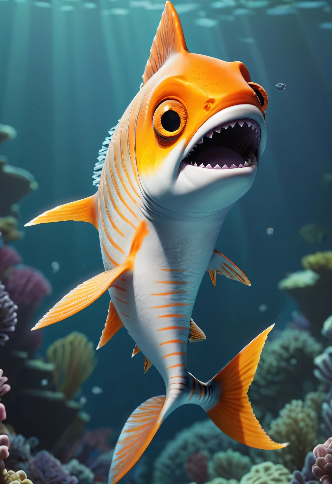 (role conception), Very unified CG design. exist《shark tale》middle, Oscar, Small fish, It's a very small fish,Has a silver body and orange stripes. His slender body has a pair of bright big eyes, Always sparkling with wisdom and curiosity. His tail is very powerful, His mouth is also small, But he spoke quickly, Impress people. His eyes became sharper and more alert, The orange stripes on the body will also be more vivid, and Oscar is a very unique and interesting little fish,