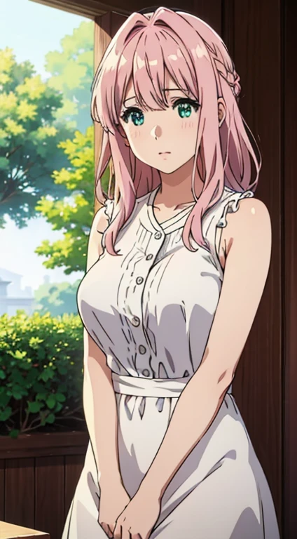 Very Cute girl,big sized boobs,half naked ,ultra realistic eyes, sleeveless white night dress,garden outside, pink colour hair,bright green eyes, ultra realistic detailed eyes, innocent eyes, looking at camera,long pink hair,