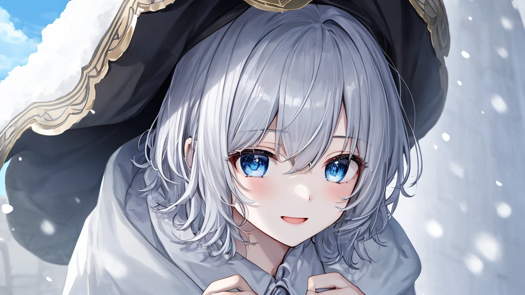 super high quality, with a girl, 20-year-old, とてもshort hair, long bangs between the eyes, pale blue eyes , blue sky, sunlight, very detailed,(masterpiece、highest quality)、alone、gray hair、laughter、White skin as clear as snow、fantasy, silver hair, black eye, beautiful eyes,, ecstasy, charm, be smitten with audience, short hair,blue sky , sunlight,fantasyな風景,looking down from above、Knight's clothing