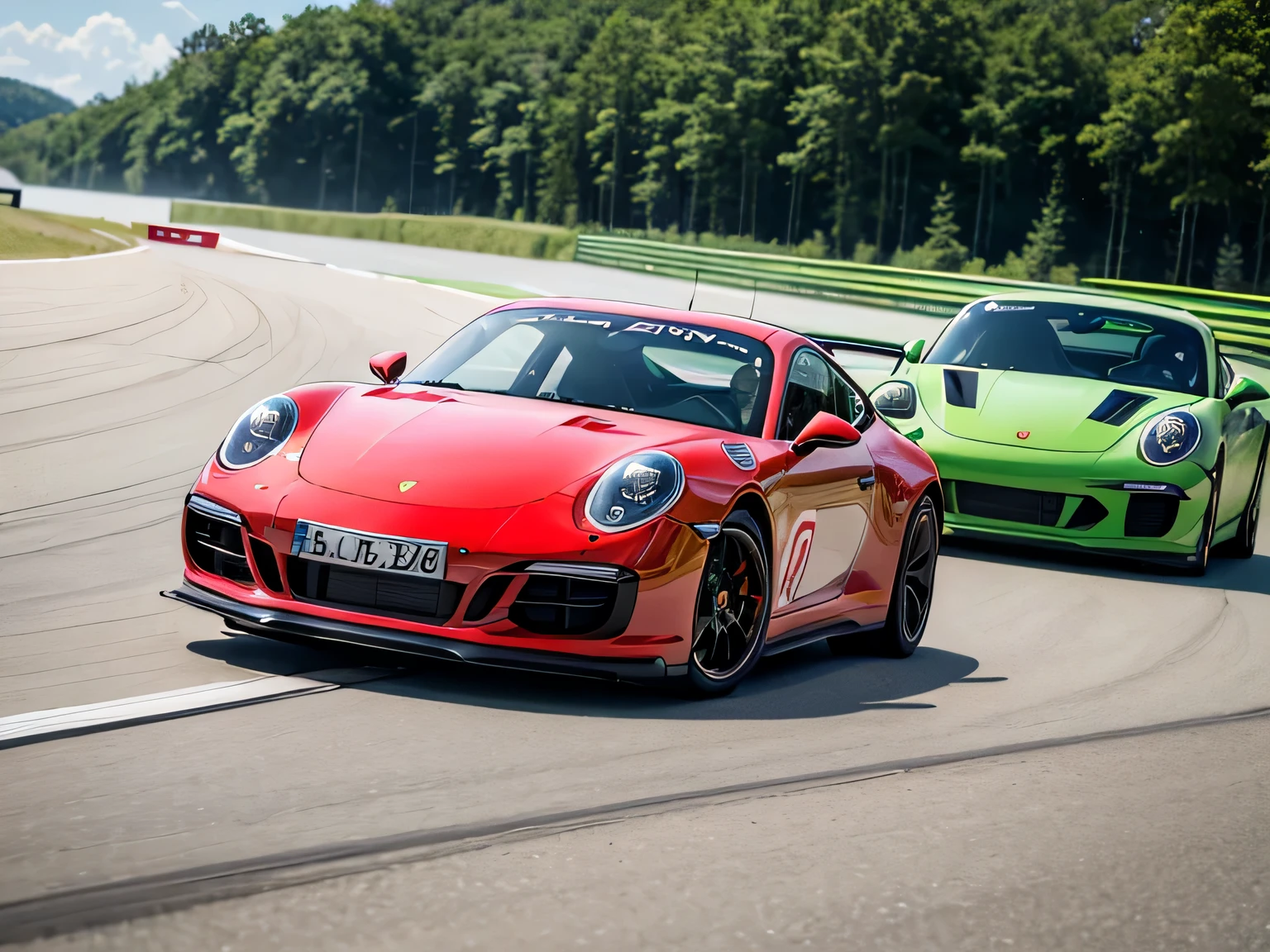 ultra high resolution、super high quality、8K、Wonderful expression with attention to detail、Midsummer Circuit、Red stopped in the pit、green、white tricolor racing car、Porsche 911 Carrera twin