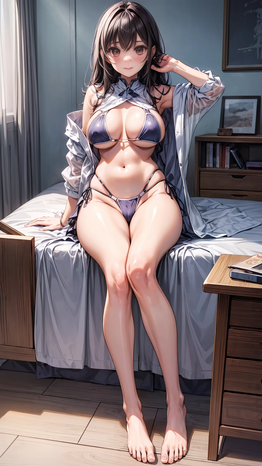 1 girl, the best, masterpiece, HD, (whole body), Symmetrical, alone, (whole body from head to toe), ((moro liberation front)), Slingshot bikini, unrealistic, (( camel toe)), ((((translucent bikini)))), ((((translucent)))), ((((transparent)))), (((transparent clothing))), whole body视图, Gaze towards the camera, ((Isometric pillow diagram)), ((dakimakura)), (Lying in bed),Physically based rendering, beautiful women, Perfect body, Smile, bedroom, Giant breast, barefoot, toe
