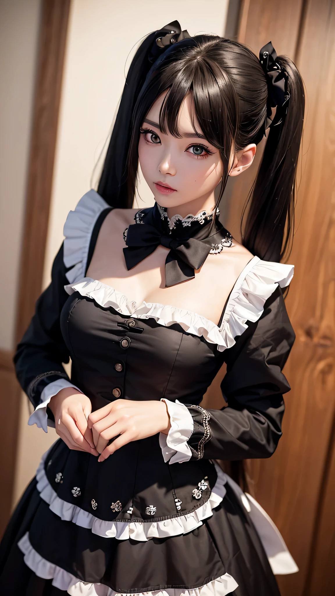 ((top-quality、in 8K、masterpiece:1.3, Photorealsitic:1.4, underground room, Realistic human skin)), standing, full body, Japanese high school girl, 1 female, A dark-haired, With bangs, Medium-sized breasts, ((Gothic lolita, maid clothes, twintails hairstyle, Black eyes)), Highly detailed facial and skin texture, A detailed eye, Detailed lips、Highly detailed hair depiction, Natural makeup:1.2