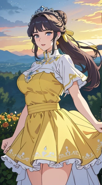 (BelleWaifu:1), surprised, beautiful pose, looking at the viewer, thick thighs, (long yellow dress:1.2), (hair bun, tiara) :D, curvy, (holding a red rose:1),
(realistic: 1.2), (realism), (masterpiece: 1.2), (best quality), (ultra detailed), (8k, 4k, intricate), (full-body-shot: 1), (Cowboy-shot: 1.2), (85mm), light particles, lighting, (highly detailed: 1.2), (detailed face: 1.2), (gradients), sfw, colorful, (detailed eyes: 1.2),
(detailed landscape, garden, plants, castle: 1.2), (detailed background), detailed landscape, (dynamic angle: 1.2), (dynamic pose: 1.2), (rule of third_composition: 1.3), (line of action: 1.2), wide shot, daylight, soil, Blunt Bangs, purple eyes,dark blue hair