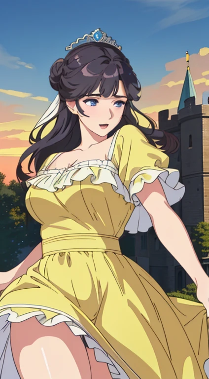 (BelleWaifu:1), surprised, beautiful pose, looking at the viewer, thick thighs, (long yellow dress:1.2), (hair bun, tiara) :D, curvy, (holding a red rose:1),
(realistic: 1.2), (realism), (masterpiece: 1.2), (best quality), (ultra detailed), (8k, 4k, intricate), (full-body-shot: 1), (Cowboy-shot: 1.2), (85mm), light particles, lighting, (highly detailed: 1.2), (detailed face: 1.2), (gradients), sfw, colorful, (detailed eyes: 1.2),
(detailed landscape, garden, plants, castle: 1.2), (detailed background), detailed landscape, (dynamic angle: 1.2), (dynamic pose: 1.2), (rule of third_composition: 1.3), (line of action: 1.2), wide shot, daylight, soil, Blunt Bangs, purple eyes,dark blue hair