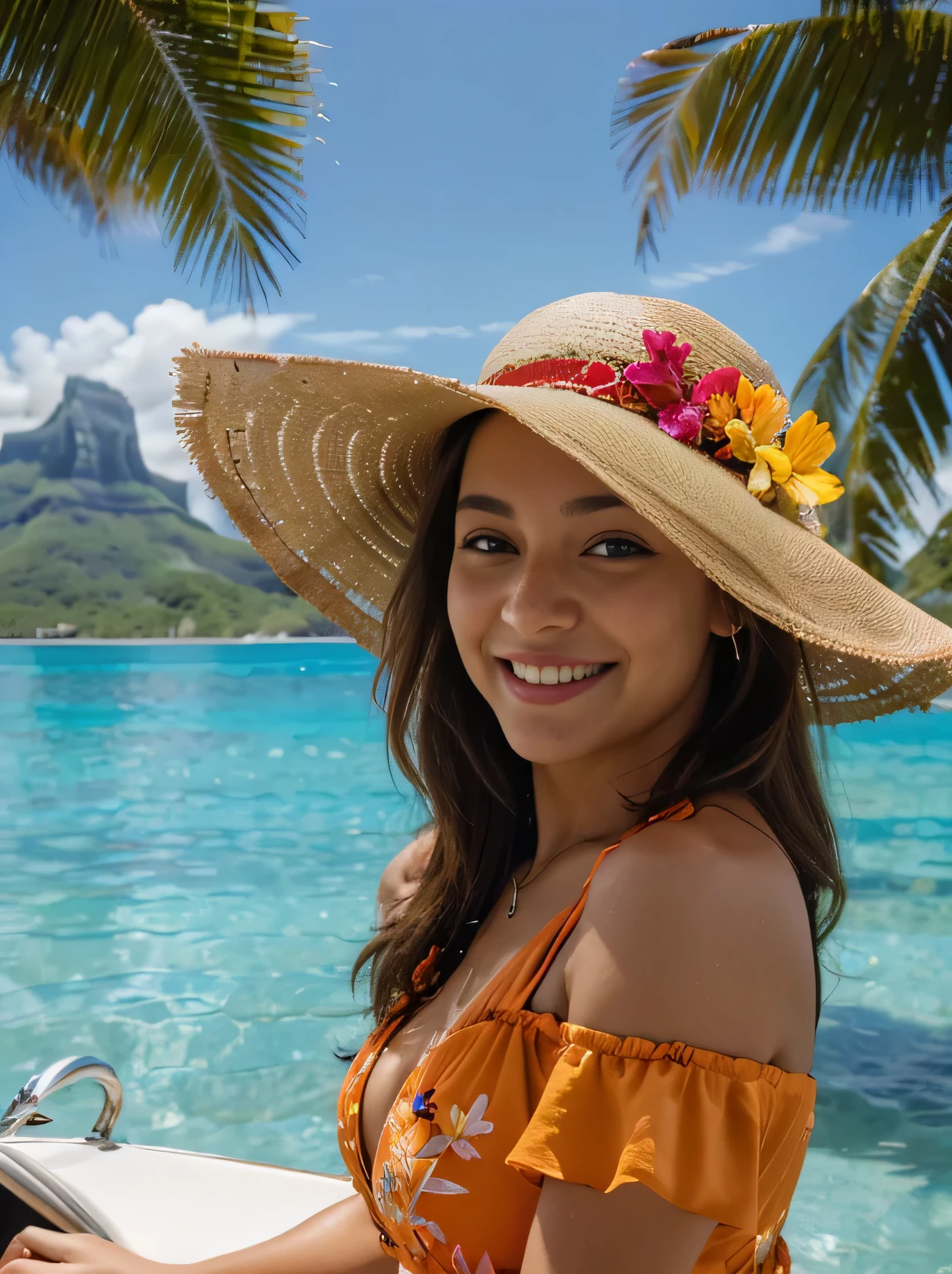 (best quality,highres,ultra-detailed:1.2), HDR, vivid colors, beautiful girl, Bora Bora , colorful flowers, happy people, stunning view,  sunny weather, elegant orange dress, stylish hat, joyful expression, long flowing hair, Bora Bora Island, blue sky, warm sunshine, laughter and laughter, carefree moments, Boats in Background