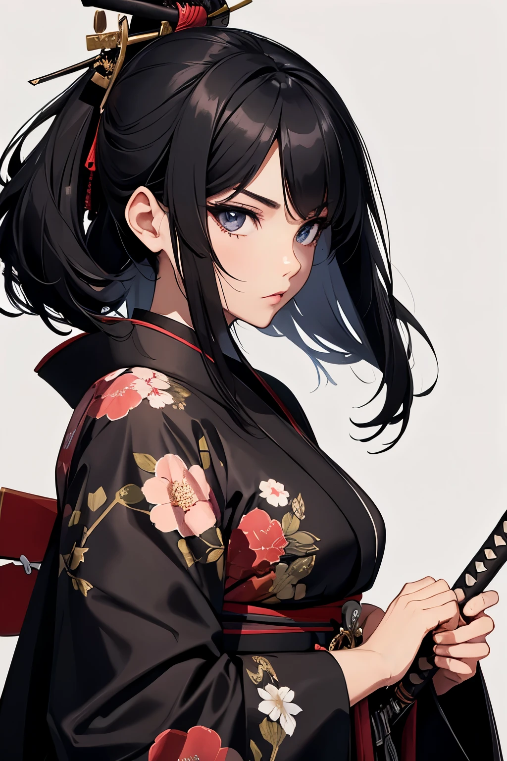 Beautiful woman, black hair, kimono, samurai, sword,