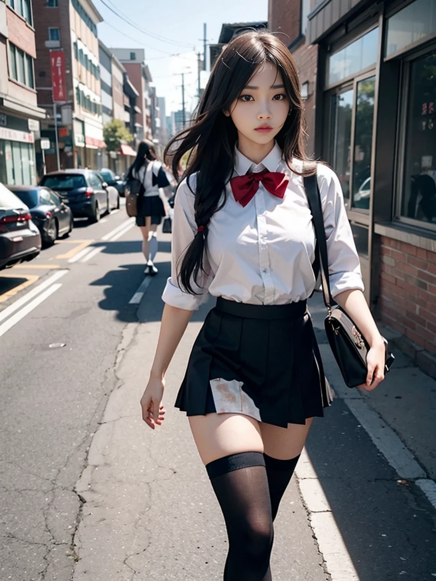 （female：1.2）（bodybuilding：0.8），masterpiece，lifelike，There is a female person walking on the sidewalk wearing a skirt, Pictures inspired by Cheng Jiasui, CG trends, dreamlike reality, Wearing a skirt and high socks, stockings and skirt, a hyperRealistic female students, hyperRealistic female students, Japanese female students school uniform, Beautiful anime female high school student, Real life anime female girls, Realistic female students