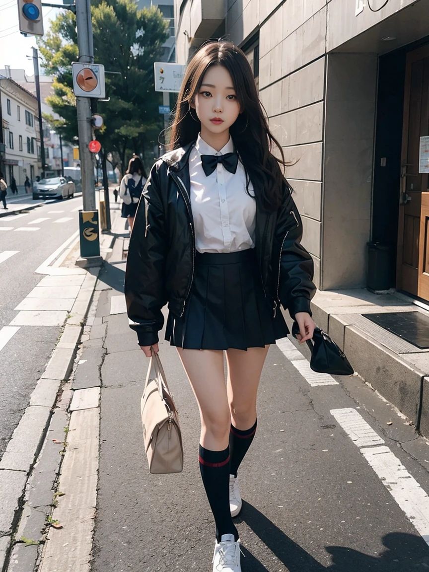 (female:1.2)(bodybuilding:0.8),masterpiece,lifelike,There is a female person walking on the sidewalk wearing a skirt, Pictures inspired by Cheng Jiasui, CG trends, dreamlike reality, Wearing a skirt and high socks, stockings and skirt, a hyperRealistic female students, hyperRealistic female students, Japanese female students school uniform, Beautiful anime female high school student, Real life anime female girls, Realistic female students