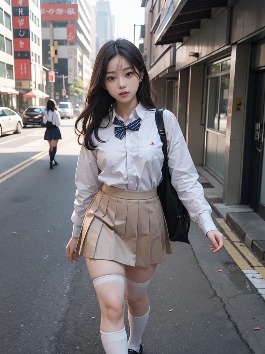 （female：1.2）（bodybuilding：0.8），masterpiece，lifelike，There is a female person walking on the sidewalk wearing a skirt, Pictures inspired by Cheng Jiasui, CG trends, dreamlike reality, Wearing a skirt and high socks, stockings and skirt, a hyperRealistic female students, hyperRealistic female students, Japanese female students school uniform, Beautiful anime female high school student, Real life anime female girls, Realistic female students