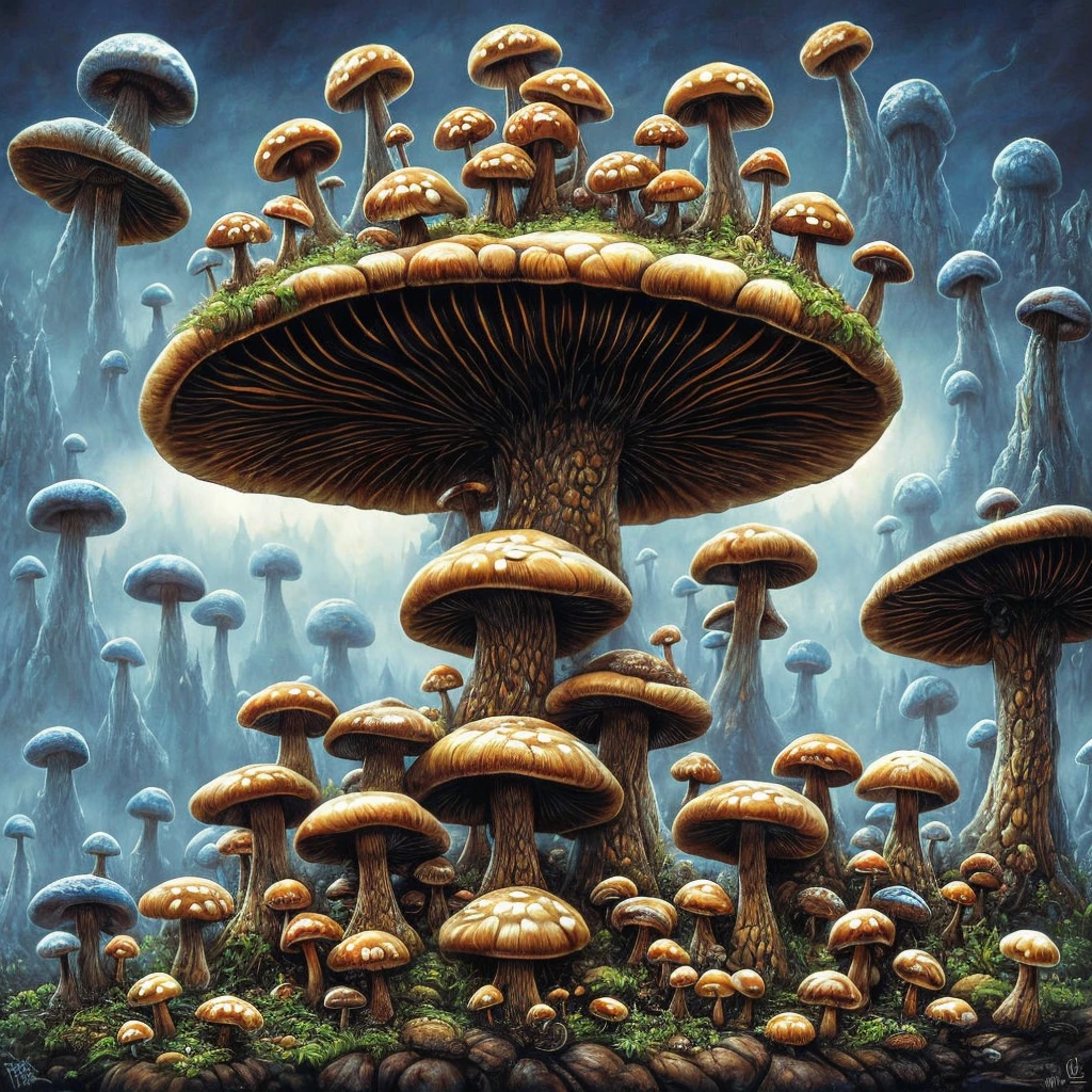 mushrooms and gnomes are gathered around a mushroom like structure, cubensis, rob mcnaughton, fungal god, by Joe Fenton, mycologist, symmetrical epic fantasy art, by David B. Mattingly, official artwork, magic mushrooms, magic mushroom, by Brian Despain, wide angle fantasy art, by Todd Lockwood, joe gb fenton