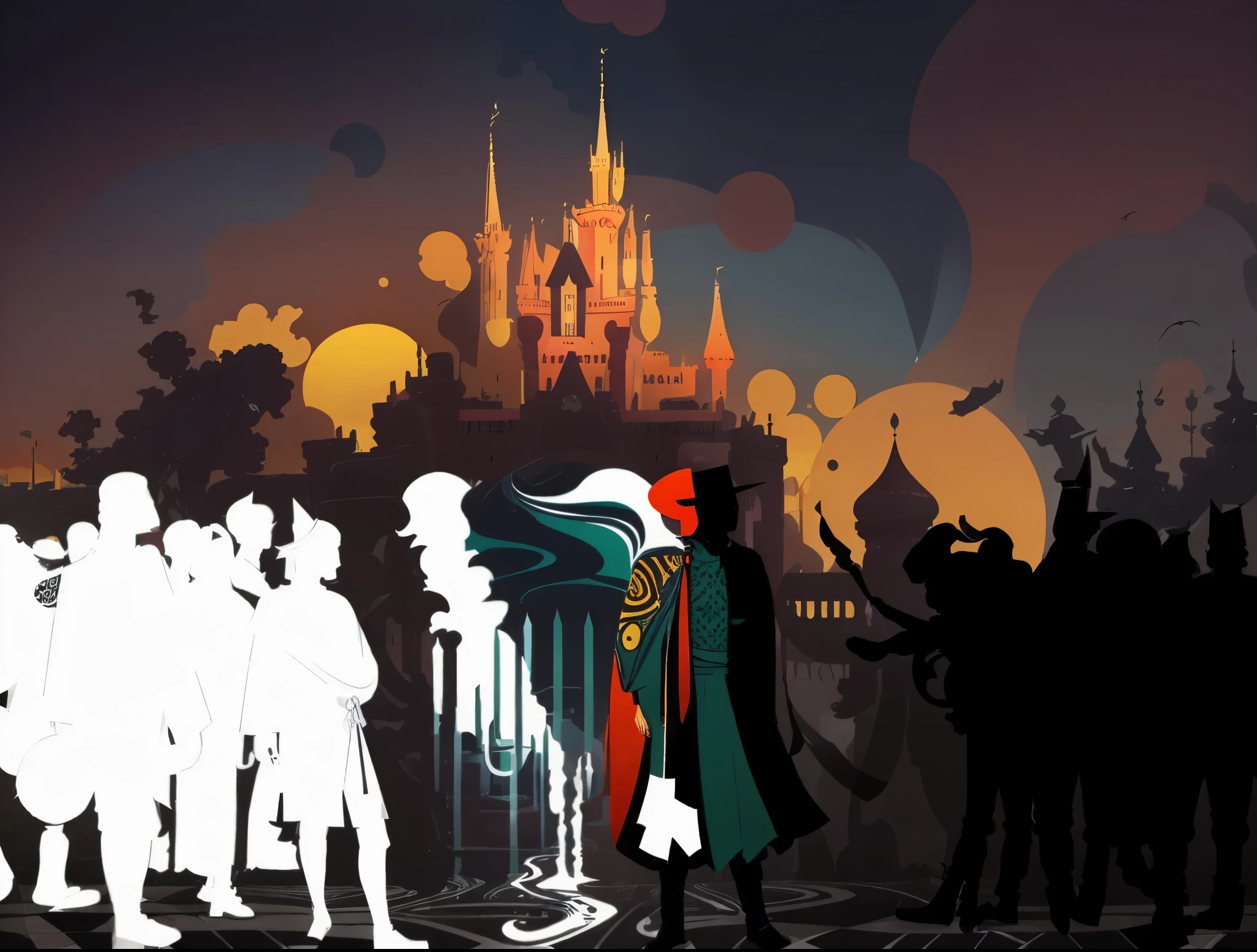 (((masterpiece))), A harlequin in a green outfit stands in front of the castle, dark high-contrast concept art, magical twist, disney 2d, Concept art for cinema, arlecchino, zany, crowd of people on the sides, medieval castle, fantasy, Silhouettes of people, surrealism, surreal sky, sunset, red shadows, Castle in the background, black and white aura, in detail, (flat_color:1.4), (Geometric pattern:1.4), modernism, and minimalism, city with many details,