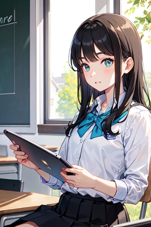 ((holding an iPad in one hand))、,I use it for studying in class and at school.,