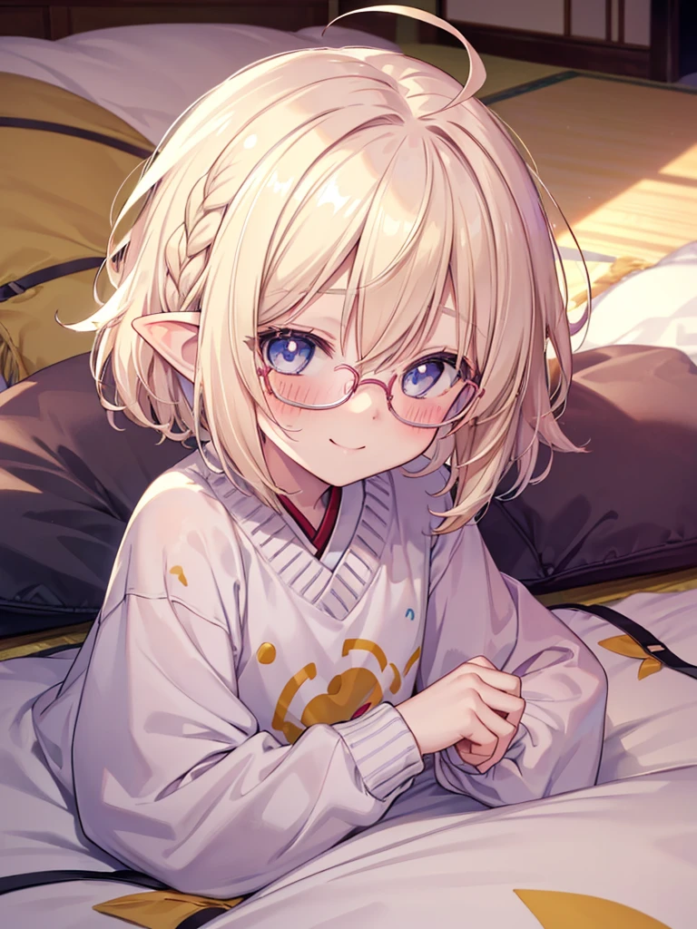 One girl、a blond、Lori、cute little、small tits、Elven ears、​masterpiece、top-quality、Top image quality,Lying on the head,waking up,Mokomoko pajamas,