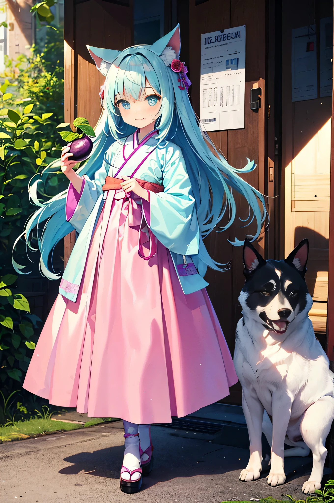 pretty girl, (Little:1.3), girl, full body, happy, light blue hair, Mint-colored eyes, (long hair), (holding an eggplant), Pink hanbok, face, dog ears folded forward, left sunbeam