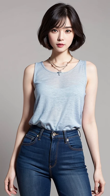 Exposing huge valleys in a breathtaking 16K Nikon RAW photo, captured with the Fujifilm XT3. This masterpiece showcases top-quality realism and photorealisticDetail, ultra-detailed faceof a pretty 1girl in 1940's womens fashion. She dons high-end makeup products and flaunts a stylish expression on her face, known as Irene1. Her bob haircut adds an extra touch to her elegant look (BobHairCut: 0.6).
Standing with a confident pose and wearing blue jeans pants, she adorns a white diamond necklace, revealing her delicate