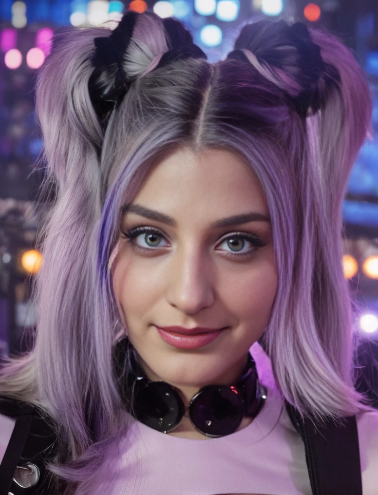 (photo of a gorgeous woman), (twintail hair), (soft even lighting), (Colored hair), (futuristic city behind), ((wearing harley quinn clothes)), detailed face, detailed eyes, ((close-up photo)), masterpiece, ((best quality)), (eye contact), looking at the viewer, centred, shot from front,  