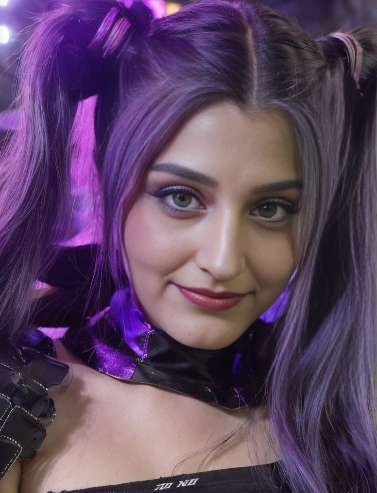 (photo of a gorgeous woman), (twintail hair), (soft even lighting), (Colored hair), (futuristic city behind), ((wearing harley quinn clothes)), detailed face, detailed eyes, ((close-up photo)), masterpiece, ((best quality)), (eye contact), looking at the viewer, centred, shot from front,  