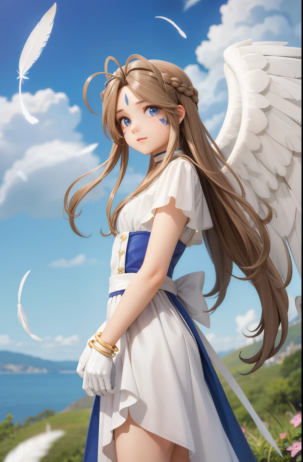 (masterpiece), best quality, high resolution, belldandy, long hair, blue eyes, brown hair, facial mark, forehead mark, gloves, wings, choker, bracelet, ring, feathers, angel wings, view from side:0.6, (forrest:1.1), stand, 20 years old