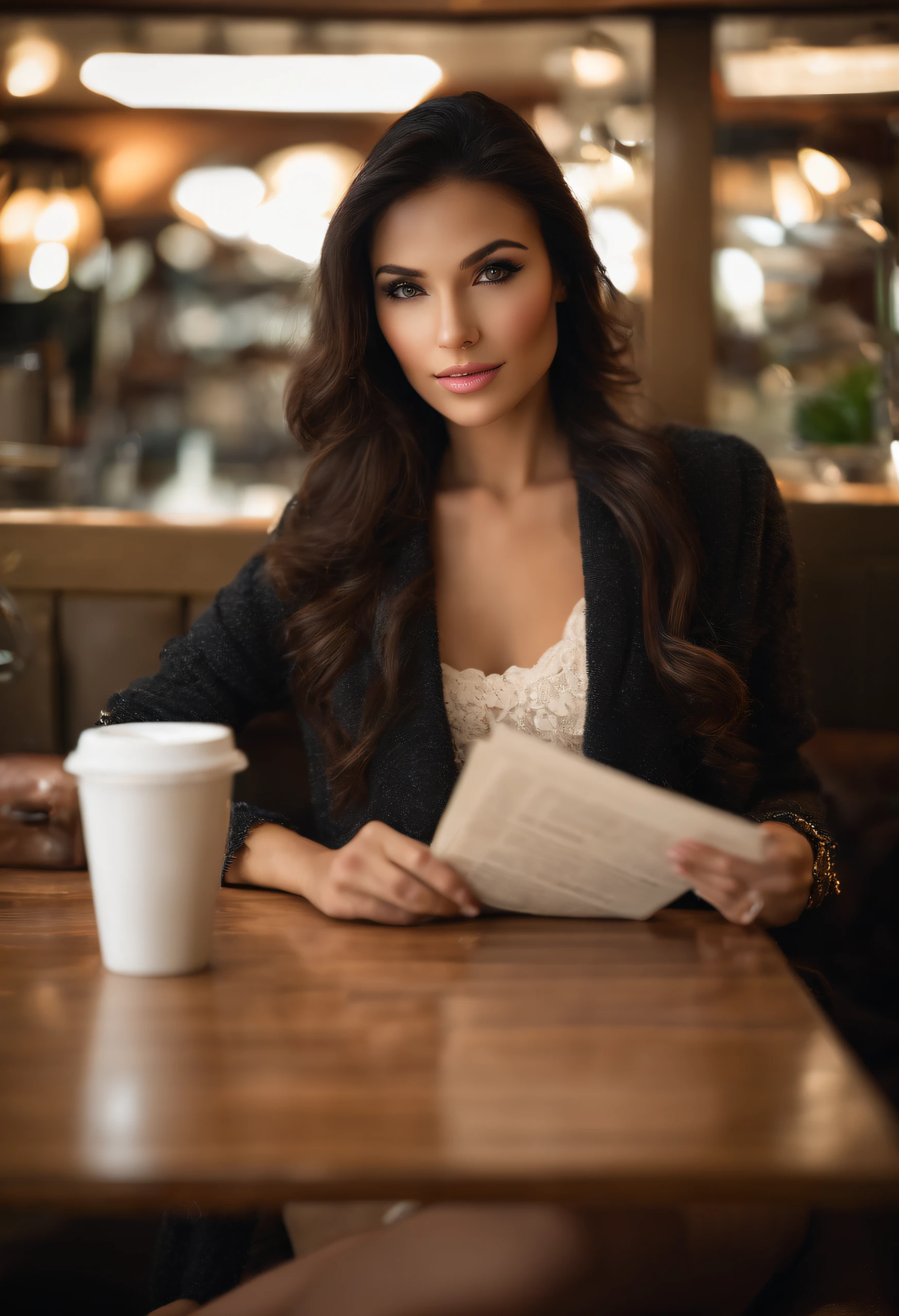 (sharp-focus: 1.2), photo (full - body) (American Apartment), Attractive 25-year-old girl, Reading Menu, Sitting in a Parisian coffee shop, (beatiful face: 1.1), Detailed light brown eyes, Delicious lips, (eye make up: 0.85), (Average Breasts,: 1.0), (Solid: 1.2), (soft long black hair: 1.2), (Long bangs:1.1),wearing (mini skirt) plaid mini skirt, (oversized sweater), (Moderate lighting,: 1.2), Depth of field, bokeh, 4k, HDR. Miss Universe, Cover photo. ((skin with fine spots and wrinkles), , (moody lighting: 1.2), Depth of field, bokeh, 4k, HDR
