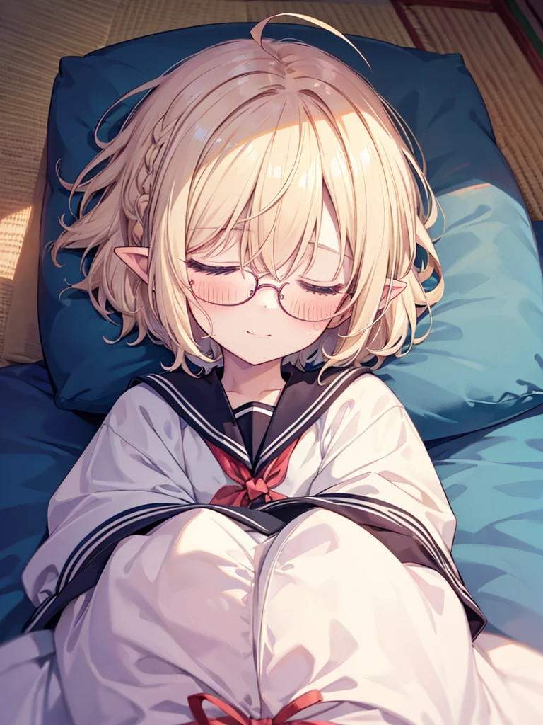 ultra detailed, best quality, high resolution, ((8k)), (( girl:1.4)), solo, pale skin, petite, (glossy blonde hair), (very short hair:1.3), ((messy hair:1.3)), blue eyes, (ahoge:1.3), ((put the glasses on the futon)), ((pointy ears)), (blush:1.5), ((single short braid:0.8)), ((very happy smile:1.2)), ((face:1.3)), (sweater), ((watercolor)), ((face focus:1.2)), ((buried in the futon:1.5)), ((lying:1.2)), ((look forward)), ((sleeping:1.5))