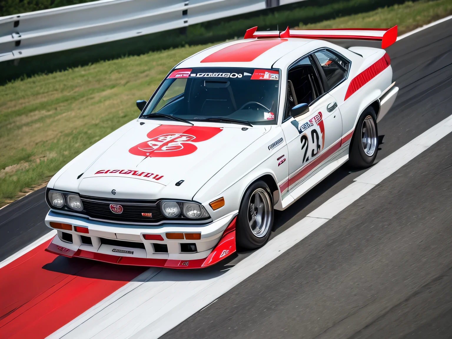 ultra high resolution、super high quality、8K、Wonderful expression with attention to detail、Midsummer Circuit、Red stopped in the pit、green、white tricolor racing car、Toyota Crown Coupe 4000GT Twin Turbo　
