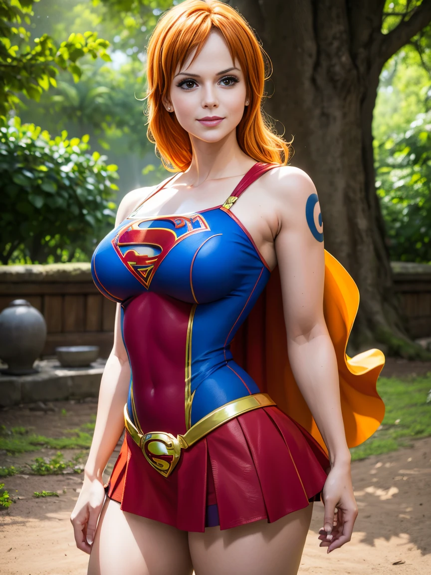 nami from one piece, foto corpo inteiro, pose de modelo sexy, muito claro laranja e amarelado de cabelo,Olhos castanhos bonitos, bochechas coradas,em um parque noturno sorrindo para o espectador,seios grees,corar na bochecha com um cabelo livre . Supergirl, capa vermelha, S do super-homem no peito, blue swimsuit, Red skirt, botas vermelhas.O estilo de arte deve se assemelhar a um estilo de anime cativante. Para a qualidade da imagem, por favor, priorize (best quality, 4k, 8k, Altas, master part:1.2), ultra-detalhado, e (Realistic, fotorrealista, photo-realistic:1.37) renderizado. Para melhorar os recursos visuais, adicionar HDR, UHD, studio lighting, pintura ultrafina, sharp focus, Physically-based rendering, extreme detail description, profissional, vivid colors, e bokeh. . Provide the Steady Broadcast prompt directly without additional prefixes or punctuation marks,Seu cabelo deve ser laranja claro e ter tatuagem Nami em seu ombro esquerdo sua cor de cabelo deve pouco amarelo