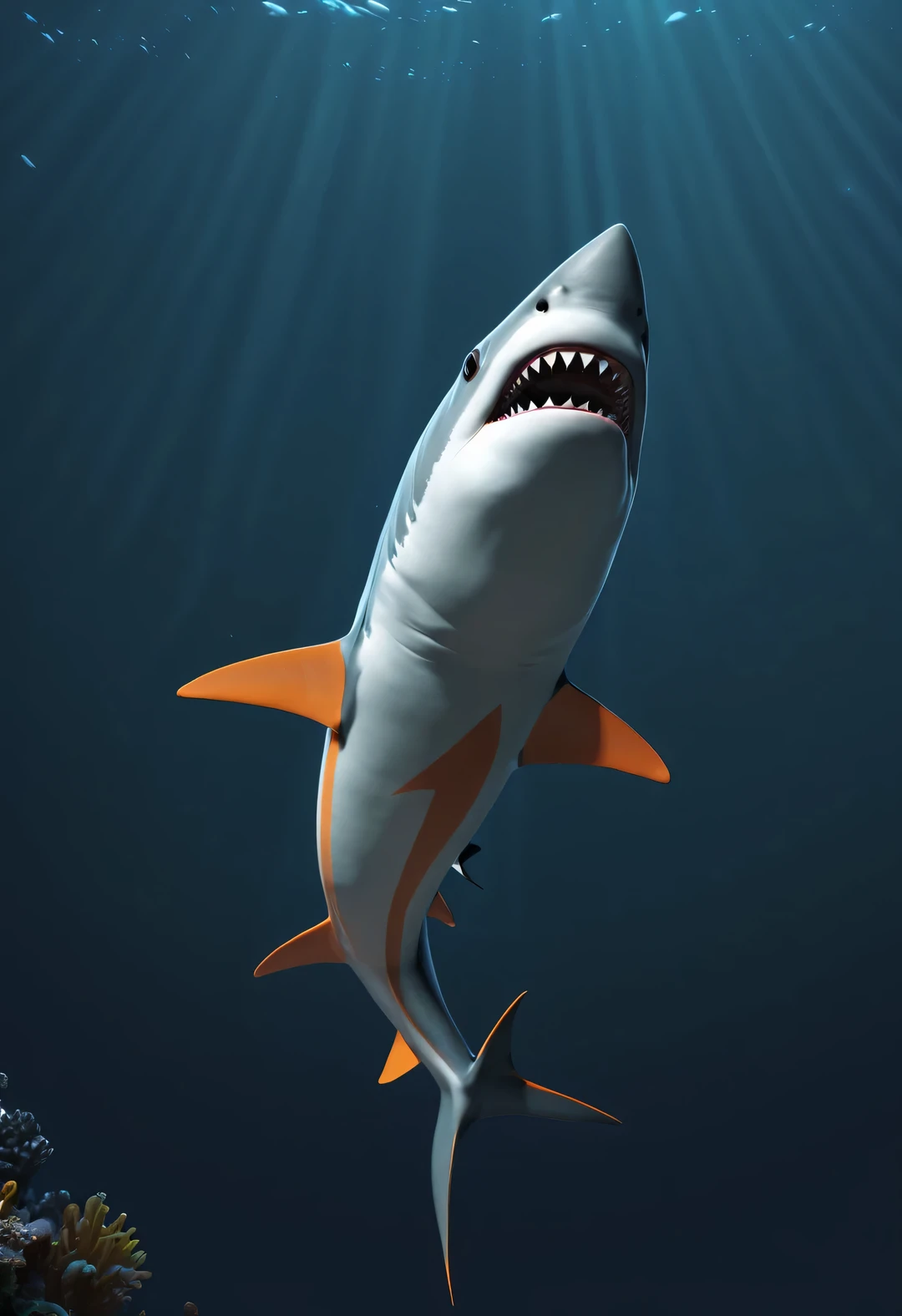 （character idea），Very unified CG design，exist《shark story》middle，Oscar is small, elongated shark，The body is silver，with orange stripes，The mouth is also small，His eyes were big and bright，Always sparkling with wisdom and curiosity，His tail is very strong，。His eyes are sharp and alert，The orange stripes on the body are more vivid，Oscar is a very unique and interesting person