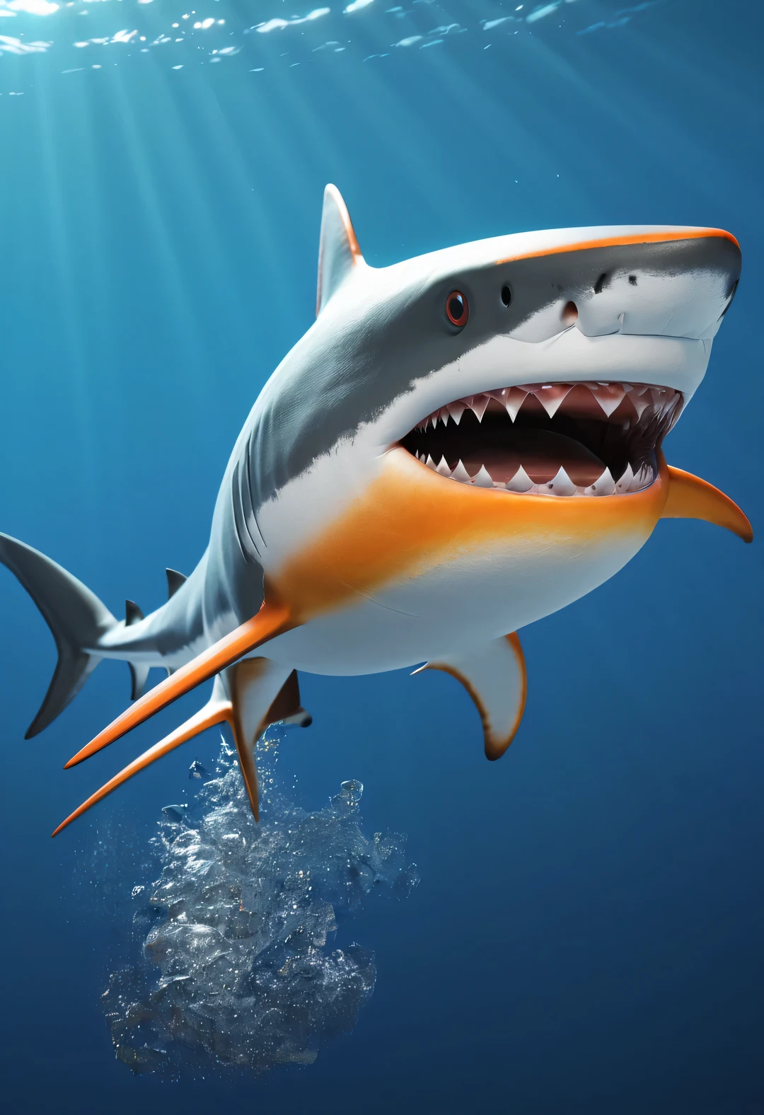 （character idea），Very unified CG design，exist《shark story》middle，Oscar is small, elongated shark，The body is silver，with orange stripes，The mouth is also small，His eyes were big and bright，Always sparkling with wisdom and curiosity，His tail is very strong，。His eyes are sharp and alert，The orange stripes on the body are more vivid，Oscar is a very unique and interesting person