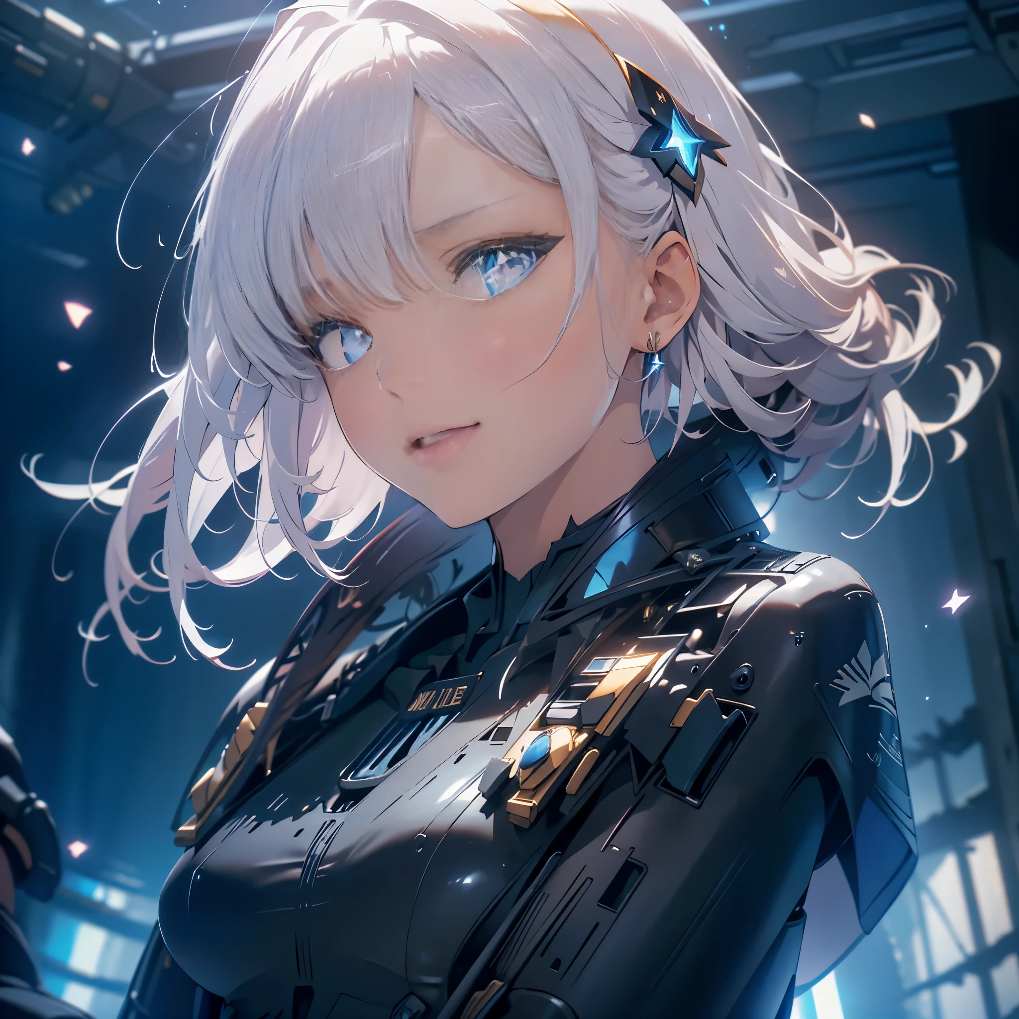 1 Girl, Solo , Alone, A Single Person, Face Close Up, Big Chest, Violet Eyes, mecha , Clothing , mechasuit , armed girl ,mecha_musume , mecha girl , Hair accessories, White Bob Hair, Short Hair, Silver Hair, Bang, hair between eyes, military uniform, black dress, cape, White gloves, pantyhose, high heel boots, Explosion, Salute Pose, Standing, In the Sky, Blue Sky, ((Best quality)), ((masterpiece)), 3D, HDR (High Dynamic Range),Ray Tracing, NVIDIA RTX, Super-Resolution, Unreal 5,Subsurface scattering, PBR Texturing, Post-processing, Anisotropic Filtering, Depth-of-field, Maximum clarity and sharpness, Multi-layered textures, Albedo and Specular maps, Surface shading, Accurate simulation of light-material interaction, Perfect proportions, Octane Render, Two-tone lighting, Wide aperture, Low ISO, White balance, Rule of thirds,8K RAW, Aura, masterpiece, best quality, Mysterious expression, magical effects like sparkles or energy, flowing robes or enchanting attire, mechanic creatures or mystical background, rim lighting, side lighting, cinematic light, ultra high res, 8k uhd, film grain, best shadow, delicate, RAW, light particles, detailed skin texture, detailed cloth texture, beautiful face, (masterpiece)