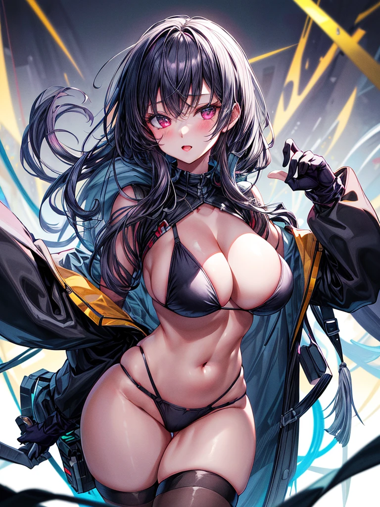 Masterwork, Best Quality, ultra-detailed, dynamic lighting, 8k, photo-realistic, anime girl in a black bikini posing in a dark room, seductive anime girl, thicc, small curvy ,from girls frontline, revealing clothes, oppai cyberpunk, breasts covered and sfw, top rated on pixiv, anime moe artstyle, touching her clothes, huge breasts, sexy body,