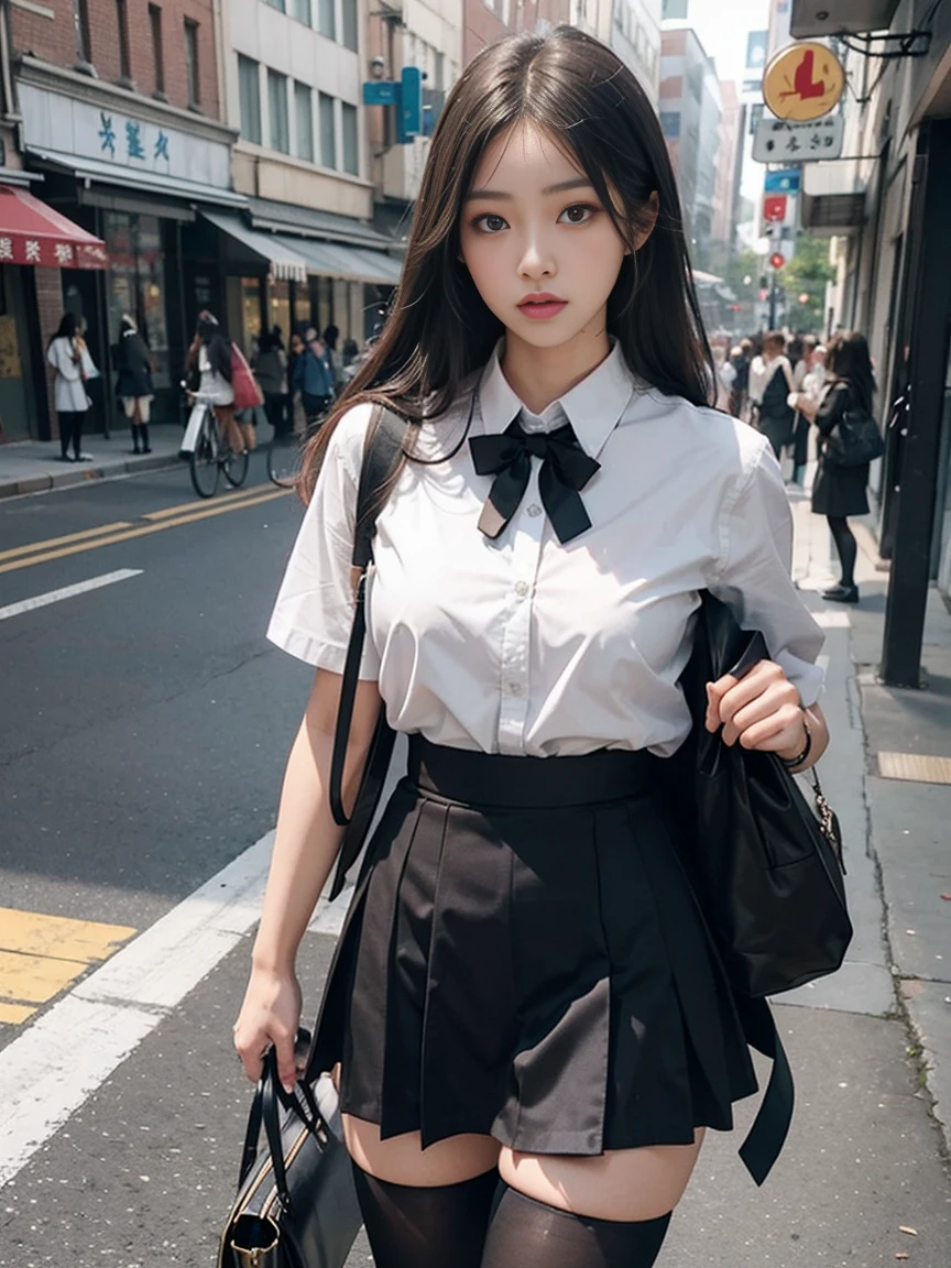 (female:1.2)(bodybuilding:0.8),masterpiece,lifelike,There is a female person walking on the sidewalk wearing a skirt, Pictures inspired by Cheng Jiasui, CG trends, dreamlike reality, Wearing a skirt and high socks, stockings and skirt, a hyperRealistic female students, hyperRealistic female students, Japanese female students school uniform, Beautiful anime female high school student, Real life anime female girls, Realistic female students