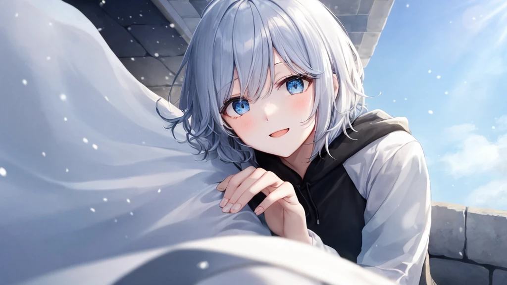 super high quality, with a girl, 20-year-old, とてもshort hair, long bangs between the eyes, pale blue eyes , blue sky, sunlight, very detailed,(masterpiece、highest quality)、alone、gray hair、laughter、White skin as clear as snow、fantasy, silver hair, black eye, beautiful eyes,, ecstasy, charm, be smitten with audience, short hair,blue sky , sunlight,fantasyな風景,looking down from above、white hoodie、black shirt