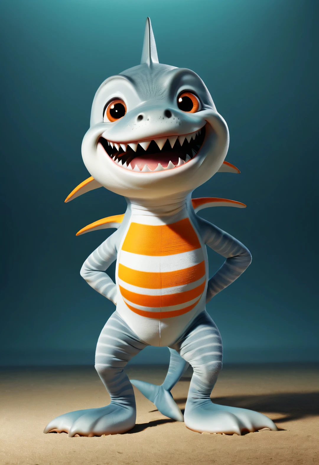 character idea，scenography，Very unified CG design，（Oscar the Baby Shark and Reno Jaws are being interviewed on TV：1.2），Oscar the baby shark has a silver body，with orange stripes，The mouth is also small，His eyes were big and bright，Always sparkling with wisdom and curiosity，His tail is very strong，His eyes are sharp and alert，The orange stripes on the body are more vivid，Oscar is a very unique and interesting person，inspired by《shark tale》，background：fairy tale tv interview show
