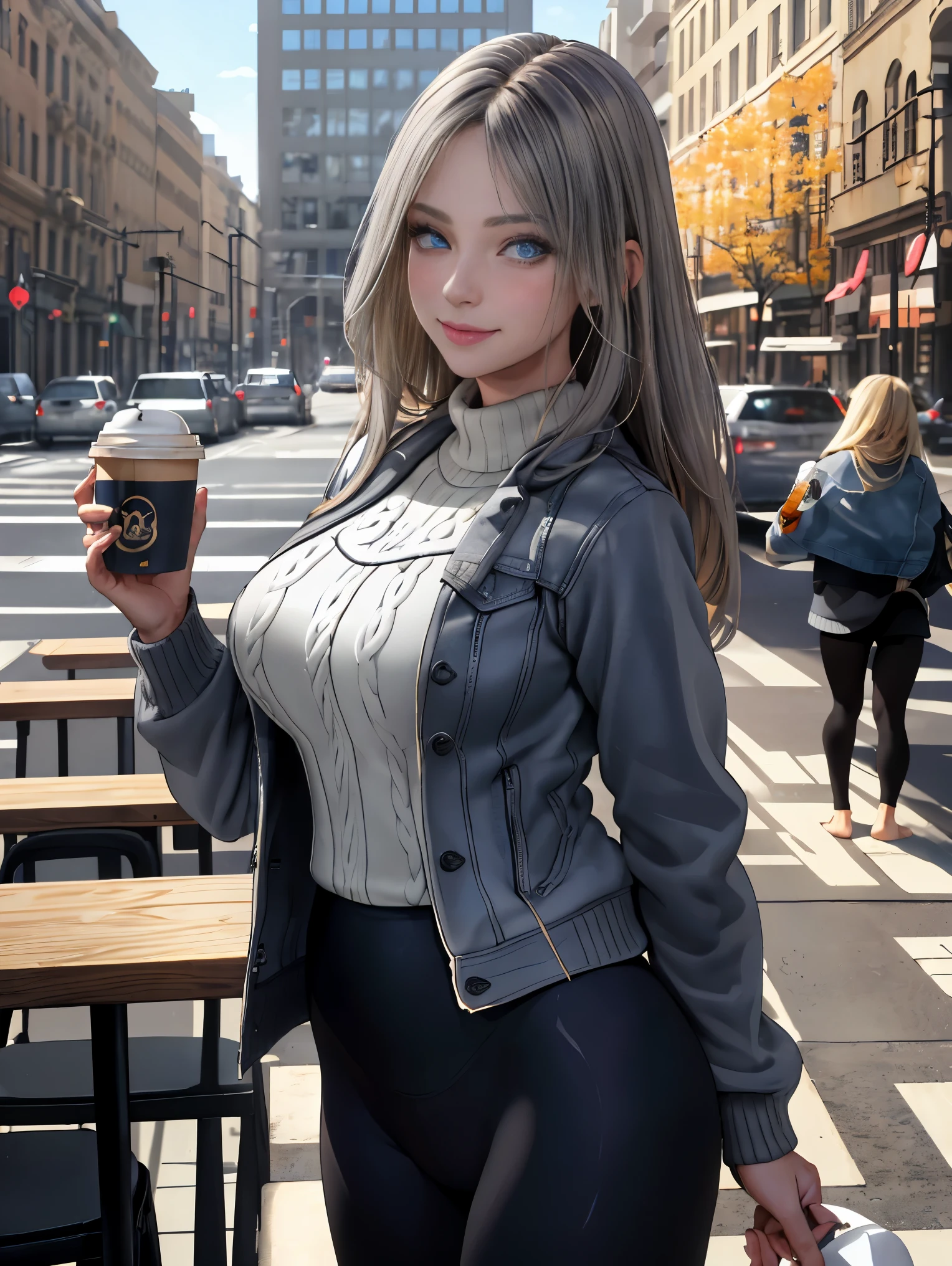 (masterpiece, best quality:1.4),  (modern days), (cowboy shot), 1girl, solo, pov, sfw,

stunning girlfriend, (standing:1.1), dynamic pose, (white oversized sweater, knit sweater:1.4), (tight yoga pants, dark grey yoga pants:1.4), (short navy blue jacket, denim jacket:1.4), long blonde hair, swept bangs, heart shaped face, elegant face, beautiful face, highly detailed face, highly detailed skin, skin pores, subsurface scattering, (detailed blue eyes), realistic pupils, large breast, loving smile, looking at viewer, full face blush, full lips, holding a single coffee cup, centered,

coffee shop in background, city street, sunny day, wind, detailed background, depth of field, atmospheric perspective, volumetric lighting, sharp focus,

absurdres, realistic proportions, good anatomy, (realistic, hyperrealistic:1.4), 16k hdr,