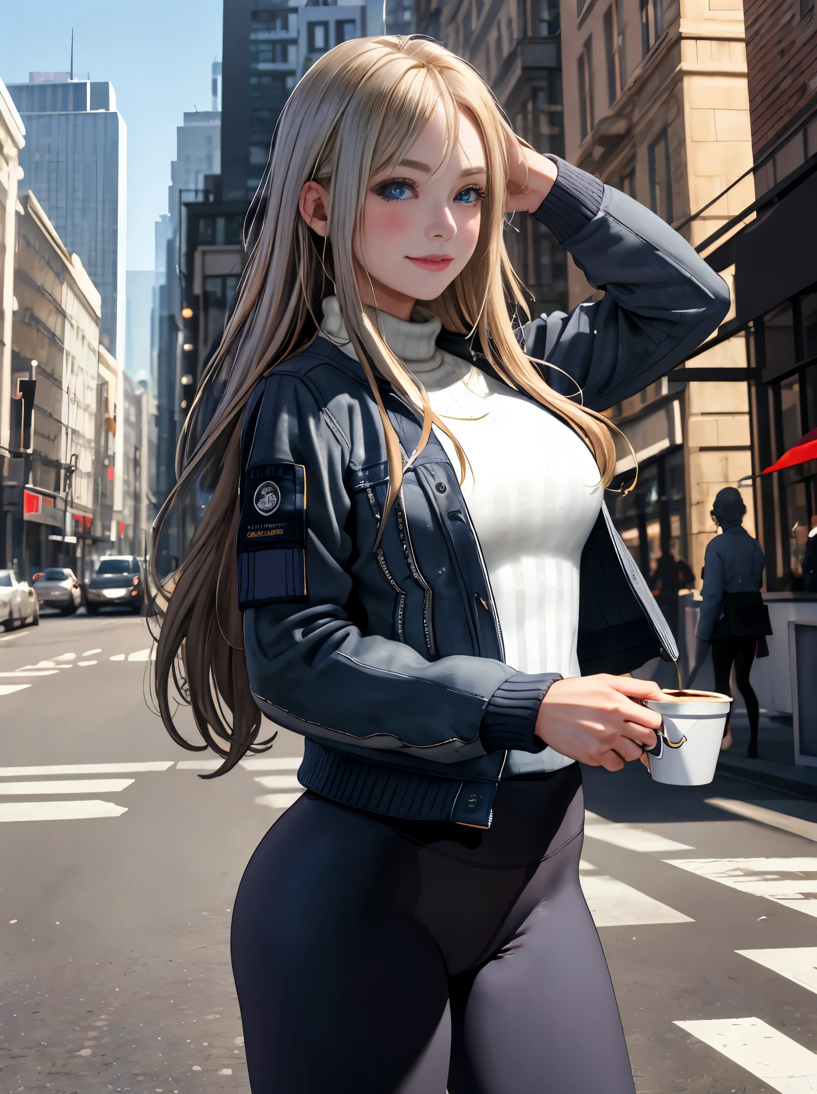 (masterpiece, best quality:1.4),  (modern days), (cowboy shot), 1girl, solo, pov, sfw,

stunning girlfriend, (standing:1.1), dynamic pose, (white oversized sweater, knit sweater:1.4), (tight yoga pants, dark grey yoga pants:1.4), (short navy blue jacket, denim jacket:1.4), long blonde hair, swept bangs, heart shaped face, elegant face, beautiful face, highly detailed face, highly detailed skin, skin pores, subsurface scattering, (detailed blue eyes), realistic pupils, large breast, loving smile, looking at viewer, full face blush, full lips, holding a single coffee cup, centered,

coffee shop in background, city street, sunny day, wind, detailed background, depth of field, atmospheric perspective, volumetric lighting, sharp focus,

absurdres, realistic proportions, good anatomy, (realistic, hyperrealistic:1.4), 16k hdr,