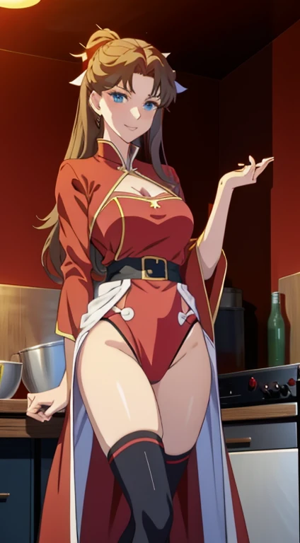 anime girl in red top and panties posing in kitchen, seductive anime girl, rin tohsaka, top rated on pixiv, beautiful alluring anime woman, fully clothed in red robes, attractive anime girl, anime moe artstyle,  in dress, beautiful alluring anime teenvealing clothes, teasing smile, [ 4 k digital art ]!!