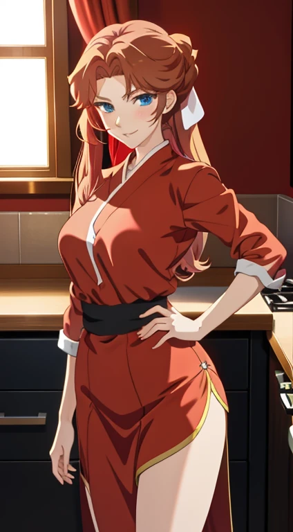 anime girl in red top and panties posing in kitchen, seductive anime girl, rin tohsaka, top rated on pixiv, beautiful alluring anime woman, fully clothed in red robes, attractive anime girl, anime moe artstyle,  in dress, beautiful alluring anime teenvealing clothes, teasing smile, [ 4 k digital art ]!!