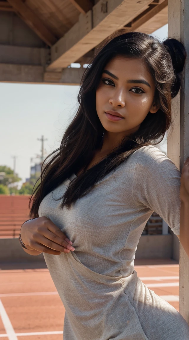 ultra-realistic photographs,Indian Instagram female model,mid 20s,9:16,mid-shot,beautiful detailed eyes,detailed lips,longeyelashes,black bun hair style, naturally full eyebrows,perfectly formed nose,expressive face,attractive appearance,confident and elegant posture,graceful movement,vibrant and track dress, trackfield background, serene atmosphere,stunning architecture,soft and natural lighting,vivid colors,photorealistic,HDR,highres,studio lighting,ultra-detailed,bokeh,fully covered clothes