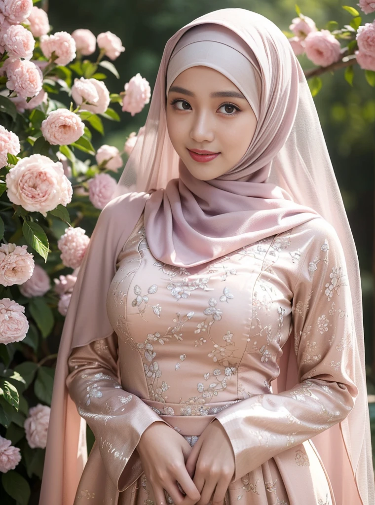 (highest quality, High resolution, masterpiece: 1.3), Beautiful malay woman wearing hijab, big breasts, slim body shape, trainer, Beautifully expresses the details of the street and the texture of faces and skin., fine eyes, double eyelid, Big eyes and chest visible, shirt open function), HDR, 8K resolution, nice fingers, firm skin, (((high detail skin, visible pores))), 1 female, tall body, 20-year-old, big breasts: 1.4, Floral Silk Tight Malay Gamis Pastel Close Up Wearing Tight Hijab, whole body, beautiful shy smile