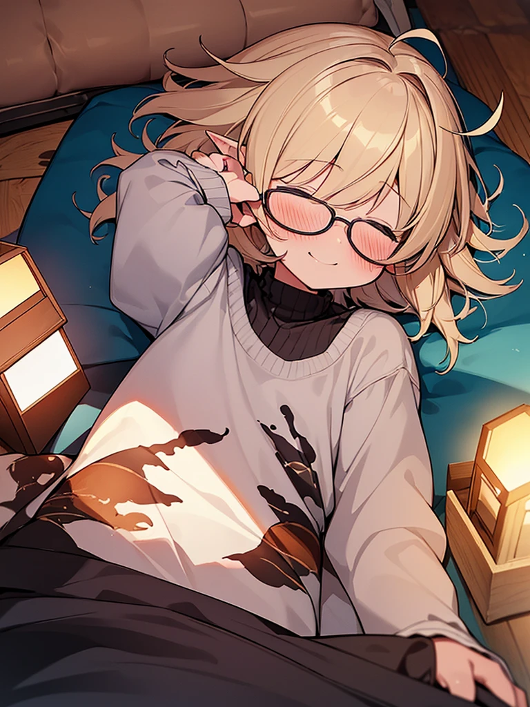 ultra detailed, best quality, high resolution, ((8k)), (( girl:1.4)), solo, pale skin, petite, (glossy blonde hair), (very short hair:1.3), ((messy hair:1.3)), blue eyes, (ahoge:1.3), ((put the glasses on the futon)), ((pointy ears)), (blush:1.5), ((single short braid:0.8)), ((very happy smile:1.2)), ((face:1.3)), (sweater), ((watercolor)), ((face focus:1.2)), ((buried in the futon:1.5)), ((lying:1.2)), ((look forward)), ((sleeping:1.5))