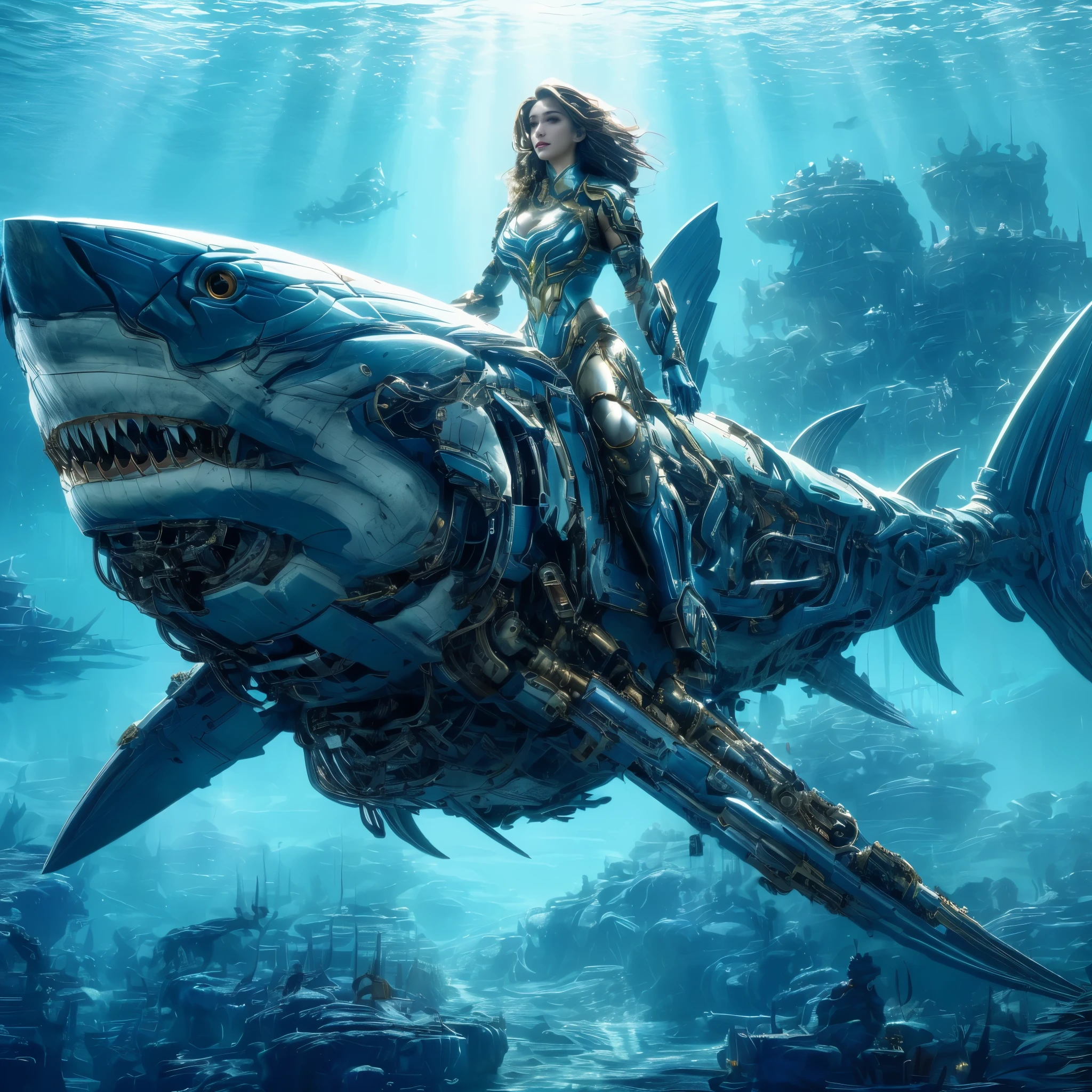 An image set in the depths of a future high-tech Atlantis, featuring a beautiful female warrior riding a full-body, semi-mechanical Megalodon shark from head to tail. The Megalodon is a blend of ancient grandeur and futuristic technology, with parts of its body showing mechanical enhancements. These mechanical parts integrate seamlessly with its natural, massive form, highlighting features like its formidable teeth and powerful build. The female warrior is depicted as strong and graceful, in advanced armor that combines traditional and futuristic styles. The background showcases the advanced underwater city of Atlantis, teeming with technological wonders, enhancing the overall theme of a harmonious blend of nature and technology.