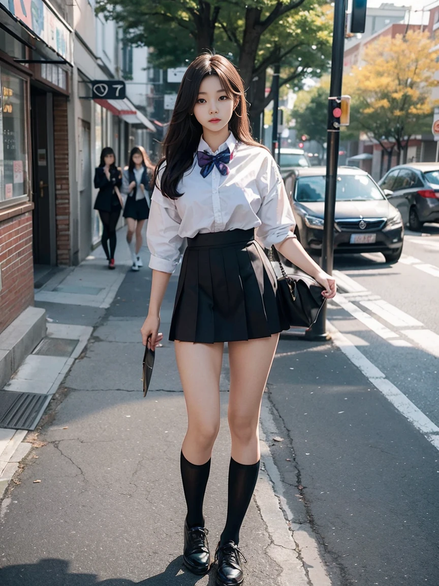 (female:1.2)(bodybuilding:0.8),masterpiece,lifelike,There is a female person walking on the sidewalk wearing a skirt, Pictures inspired by Cheng Jiasui, CG trends, dreamlike reality, Wearing a skirt and high socks, stockings and skirt, a hyperRealistic female students, hyperRealistic female students, Japanese female students school uniform, Beautiful anime female high school student, Real life anime female girls, Realistic female students