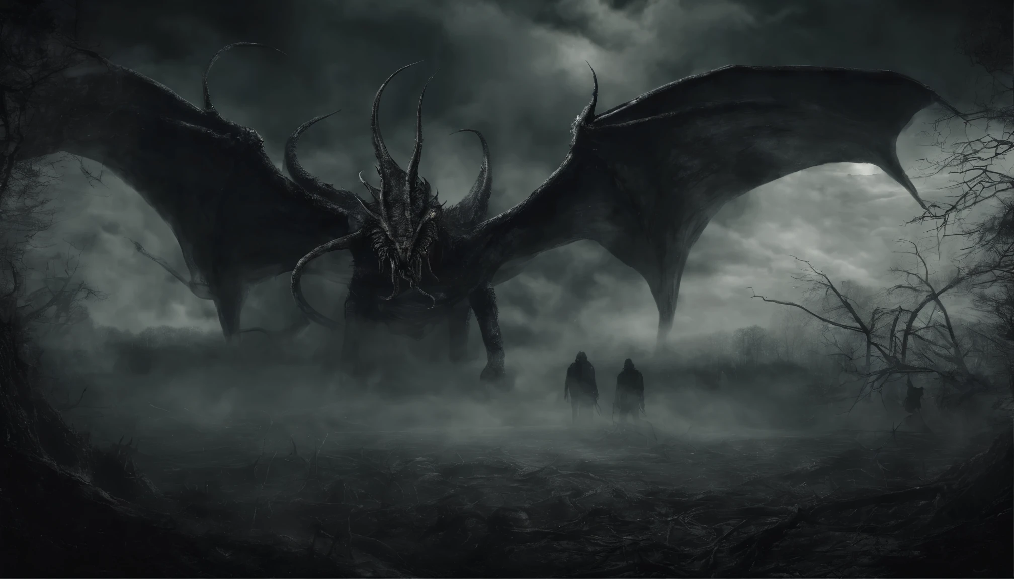 (masterpiece), best quality, thick forest descending into darkness with smoke rising. dramatic angle, extreme angle shot, low-angle shot, wide-angle shot, dark moody storm-clouds sky, lovecraftian,visceral,nightmare,dragon wings,dreadful humanoid, tones,paranormal,macro lens,surreal juxtaposition,lovecraftian,cosmic horror,horror,c'thulhu background