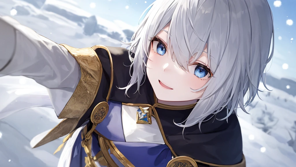 super high quality, with a girl, 20-year-old, とてもshort hair, long bangs between the eyes, pale blue eyes , blue sky, sunlight, very detailed,(masterpiece、highest quality)、alone、gray hair、laughter、White skin as clear as snow、fantasy, silver hair, black eye, beautiful eyes,, ecstasy, charm, be smitten with audience, short hair,blue sky , sunlight,fantasyな風景,looking down from above、Knight's clothing