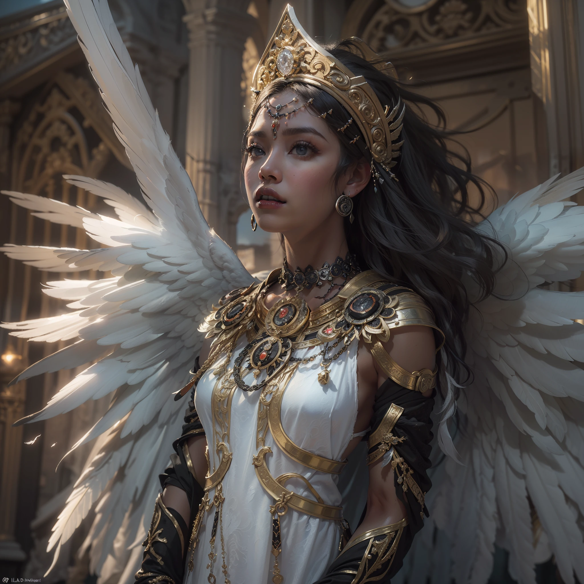 (Numerous award-winning masterpiece s, incredibly detailed, textures and maximum detail), (full body standing image:1.8), (upper body close-up:0.3), (hyper realistic:1.4), (realistic:1.3), (top quality real texture skin ), (fine circle symmetrical eyes), (finely painted beautiful face), (angelic ring of divine radiance overhead:1.8), ((medieval world)), (finely crafted graceful divine white costume: 1.8), (black angel of the Lord or white angel of the Lord: 1.6), (full body standing image: 1.8), (beautiful and gentle eyes), (she is smiling blissfully), (beautiful colored eyes filled with compassion), (full body standing image:1.8), (shining majestic cloud masses and sky), (halo optical phenomenon:1.3), (angels dancing in the background), (dramatic light), (majestic scene), (her expression is gentle and full of tenderness and very beautiful), ((large wings with pure white feathers behind her shoulders)), (((folded wings))), glass earrings in her ears, (((dramatic photo))), (twilight), (sunset), (dusk), (sacred pose)), (golden hair), (silver hair), (chestnut hair), short cut hair, (short hair)) ((looking up)), ((looking down)), ((gives full-length standing image)), (simple necklace with elaborate workmanship around her neck), old ruins infested with plants, great temple, cathedral, temple ruins, temple away from temple, (glowing magic circle), ruins of ancient castle, deserted ruins Crumbling ruins, Ancient ruins with clear water, Sacred light, epic realistic, ((neutral color)), (HDR:1.5), (subdued color:1.2), highly detailed, cinematic, warm light, dramatic light, (complex detail:1.1), complex background, highly detailed, ultra-realistic, complex detail, (complex detail:1.1) Painting (artwork), ((masterpiece,top quality)), ((cinematic light)), scary, dark fantasy, faded, ((neutral color)), art, (art station:1.5), light effect, dramatic light, (complex detail:1.1), complex background, (greg latkowski:0.8 ), (teal and orange:0.4), ((beautiful black woman:1.8))