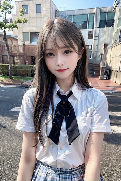 (8K、Raw photo、highest quality、masterpiece:1.2)、(realistic、Photoreal:1.37)、1 girl、16 only、cute、adorable、(blue eyes)、(shy smile:1.24 )、(solo)、detailed face、oval face、Thin almond eyes、black hair straight、hair above one eye、Slender、medium breasts、(I'm wearing a school uniform:1.5)、elevation angle、head tilt、daytime park、small head、(Facing the other side:1.2)、teenage girl