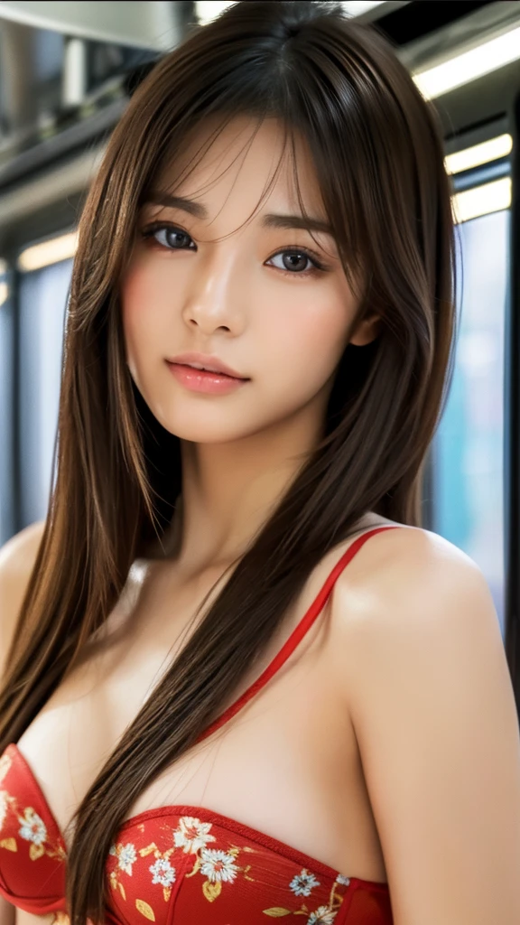 (((muste piece,It&#39;s photorealistic))), (((8K,best quality: 1.4))), ((super detail: 1.4)) , Beautiful woman,Japanese,25 years old,inside the train,Ultra-detailed facial features, expressive face, detailed texture, Natural Skin Shader, Full body,ultra high resolution,綺麗なJapanese女性,(red bra,floral pattern,best quality),realistic eyes,realistic skin,golden ratio,long hair,1girl