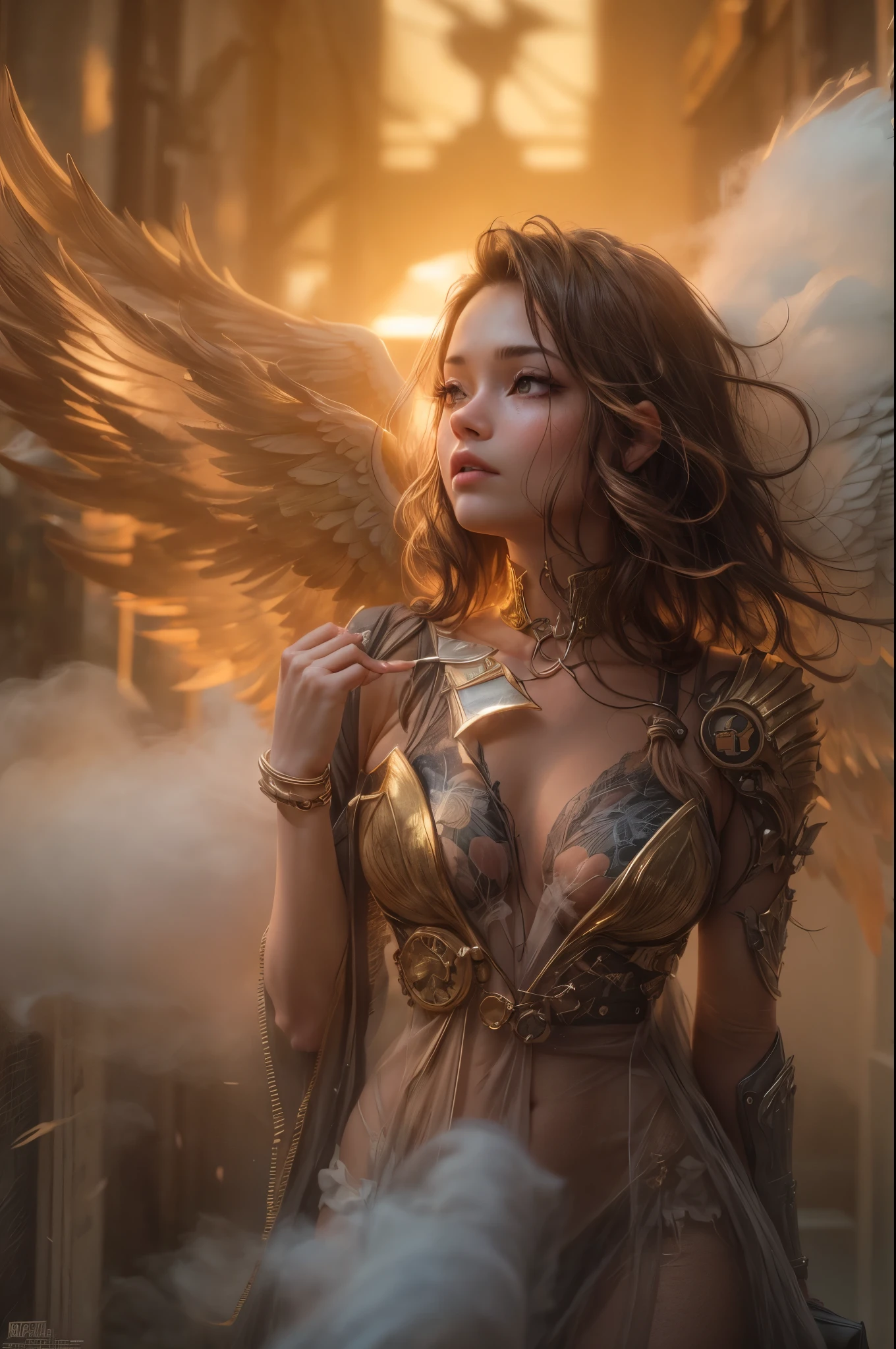 A photograph captures a fleeting moment where a girl embodies the essence of both an angel and a cyberpunk-steampunk muse. Amidst swirling smoke, use the ((golden hour)) to infuse the scene with warmth, highlighting the ((emotional)) juxtaposition of ethereal wings and futuristic elements.